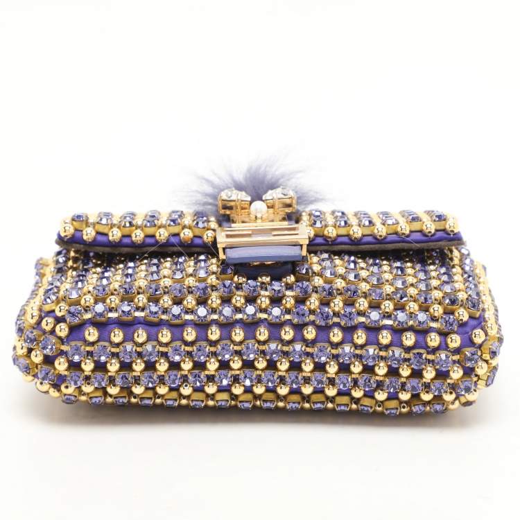 Pre Owned Fendi Purple/Gold Satin Crystal Studded Fur Micro Baguette Bag