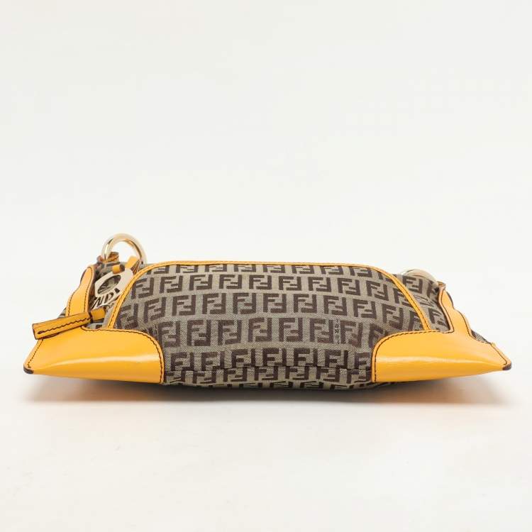Pre Owned Fendi Yellow/Brown Zucchino Canvas and Leather Small Chef Pocket Shoulder Bag