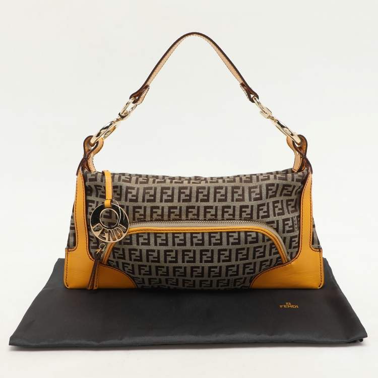 Pre Owned Fendi Yellow/Brown Zucchino Canvas and Leather Small Chef Pocket Shoulder Bag