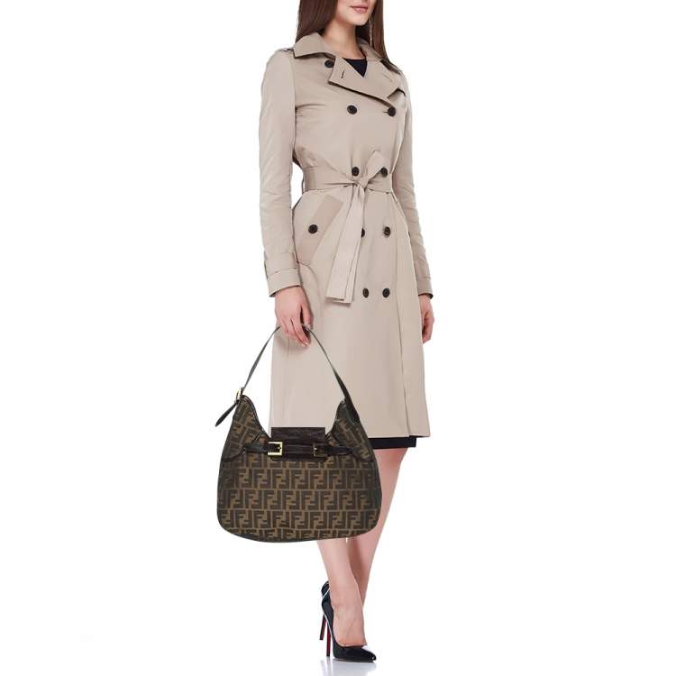 Pre Owned Fendi Brown Zucca Canvas and Leather Double Buckle Hobo 