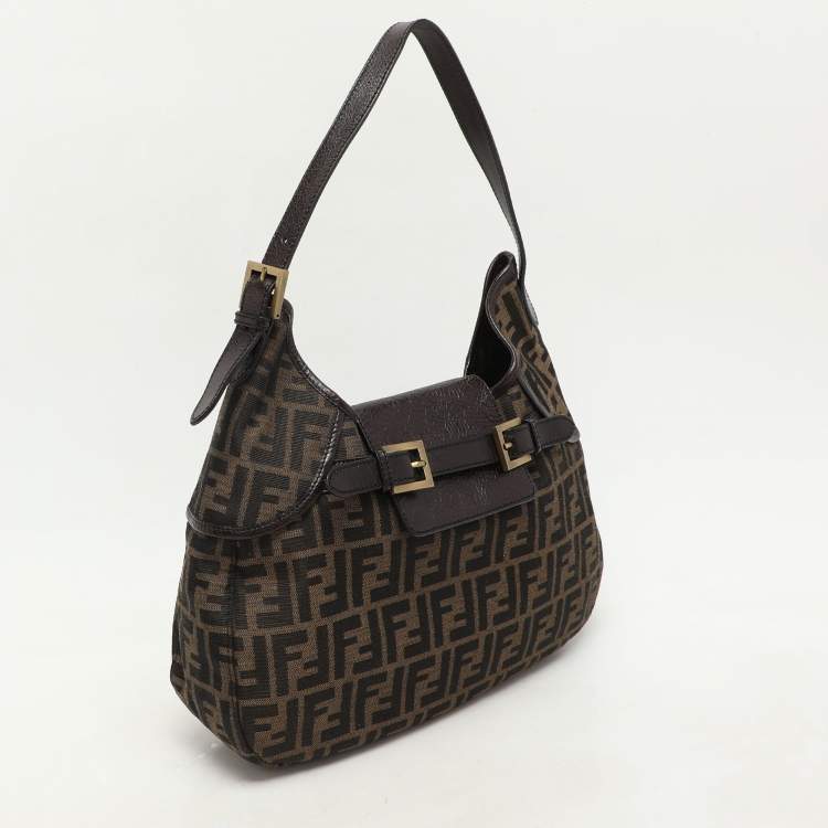 Pre Owned Fendi Brown Zucca Canvas and Leather Double Buckle Hobo 