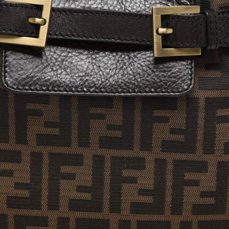 Pre Owned Fendi Brown Zucca Canvas and Leather Double Buckle Hobo 