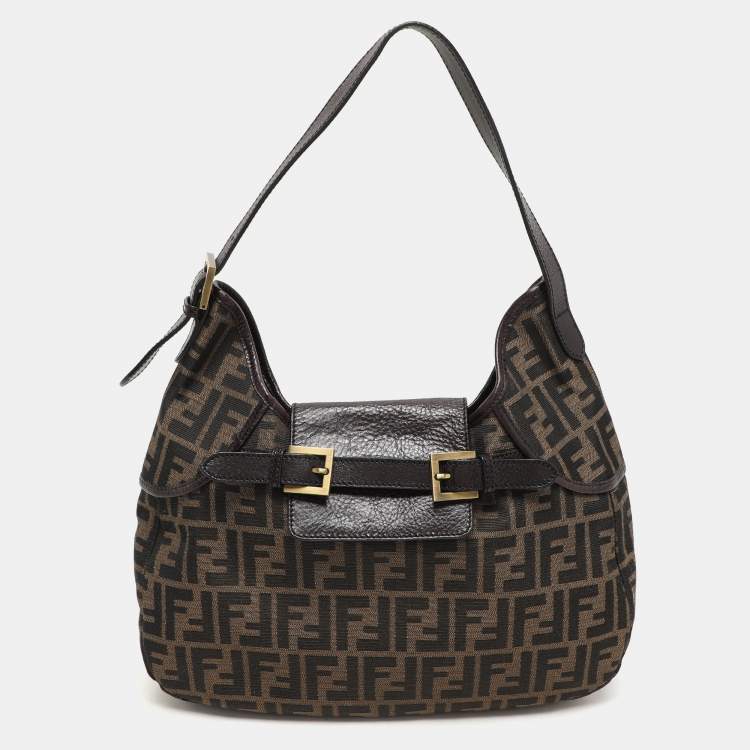 Pre Owned Fendi Brown Zucca Canvas and Leather Double Buckle Hobo 