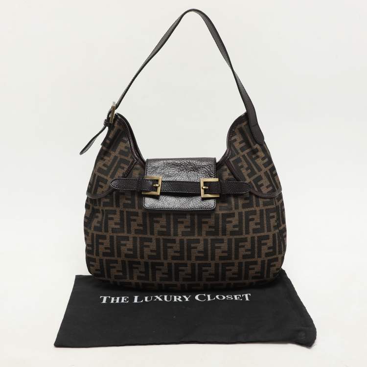 Pre Owned Fendi Brown Zucca Canvas and Leather Double Buckle Hobo 