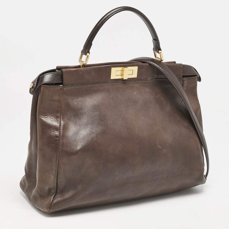Pre Owned Fendi Dark Brown Leather Large Peekaboo Top Handle Bag