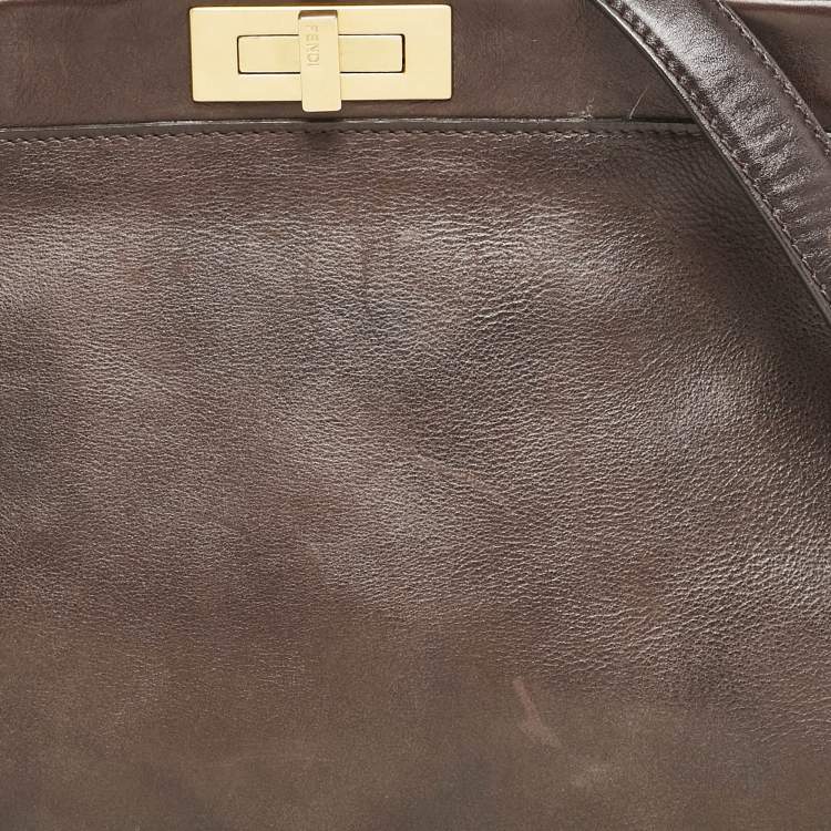 Pre Owned Fendi Dark Brown Leather Large Peekaboo Top Handle Bag