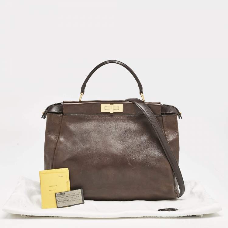 Pre Owned Fendi Dark Brown Leather Large Peekaboo Top Handle Bag