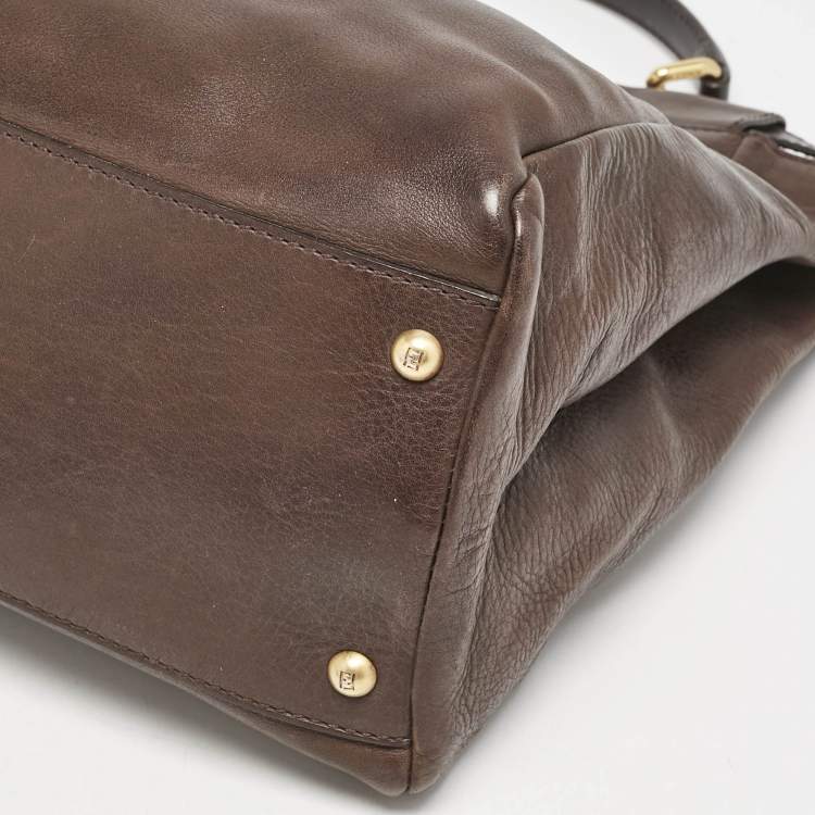 Pre Owned Fendi Dark Brown Leather Large Peekaboo Top Handle Bag