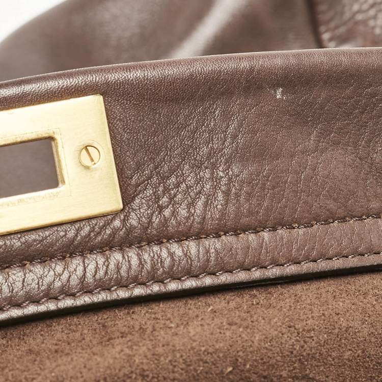 Pre Owned Fendi Dark Brown Leather Large Peekaboo Top Handle Bag