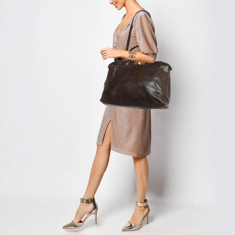 Pre Owned Fendi Dark Brown Leather Large Peekaboo Top Handle Bag