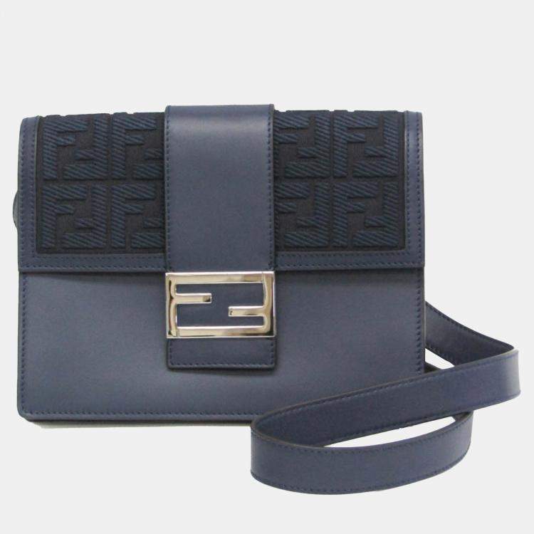 Pre Owned Fendi Navy Leather Canvas Flat Baguette Medium Shoulder Bag