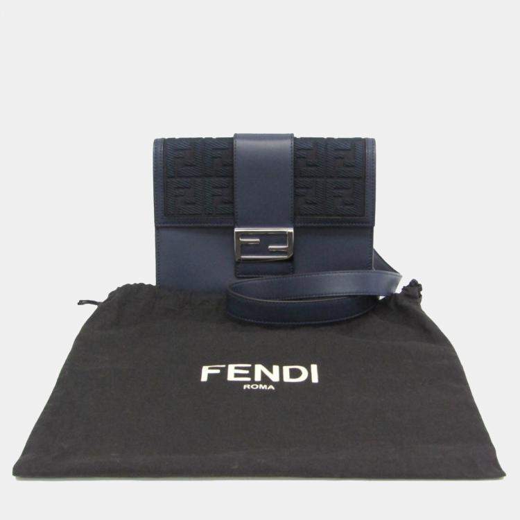 Pre Owned Fendi Navy Leather Canvas Flat Baguette Medium Shoulder Bag