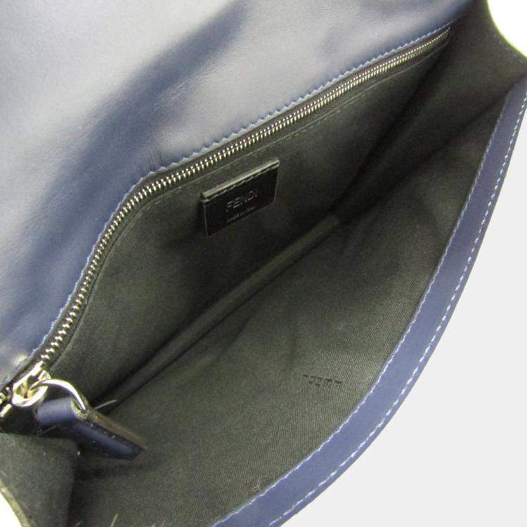 Pre Owned Fendi Navy Leather Canvas Flat Baguette Medium Shoulder Bag