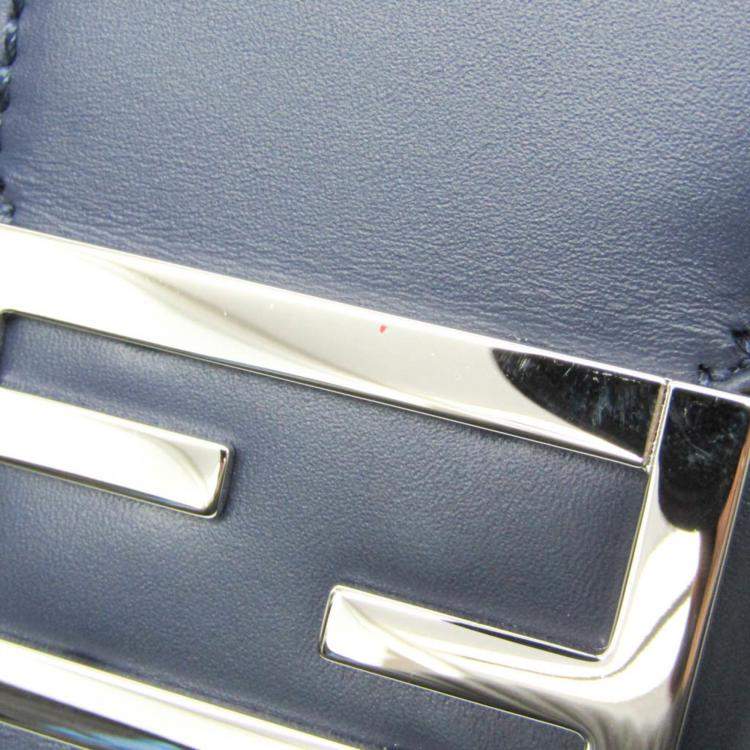 Pre Owned Fendi Navy Leather Canvas Flat Baguette Medium Shoulder Bag