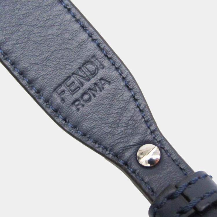 Pre Owned Fendi Navy Leather Canvas Flat Baguette Medium Shoulder Bag