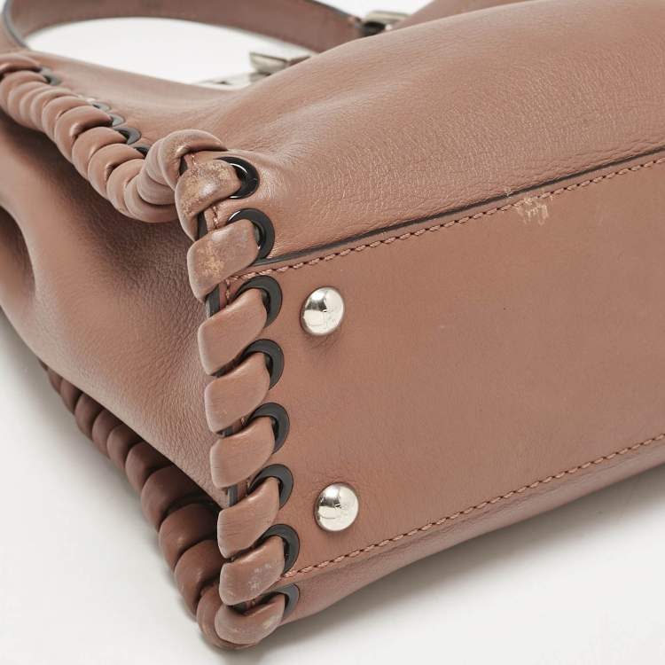 Pre Owned Fendi Brown Leather Medium Whipstitched Peekaboo Top Handle Bag