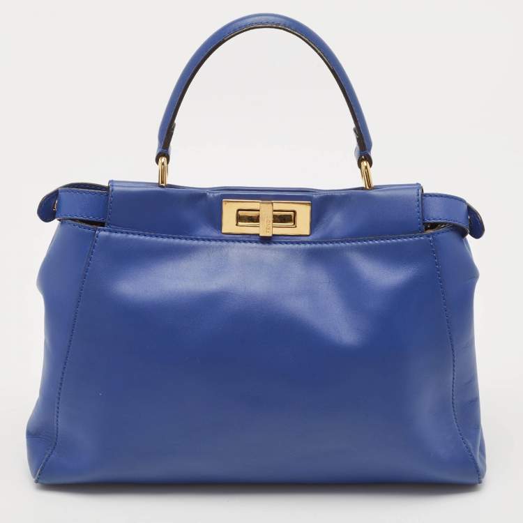 Pre Owned Fendi Blue Leather Regular Peekaboo Top Handle Bag