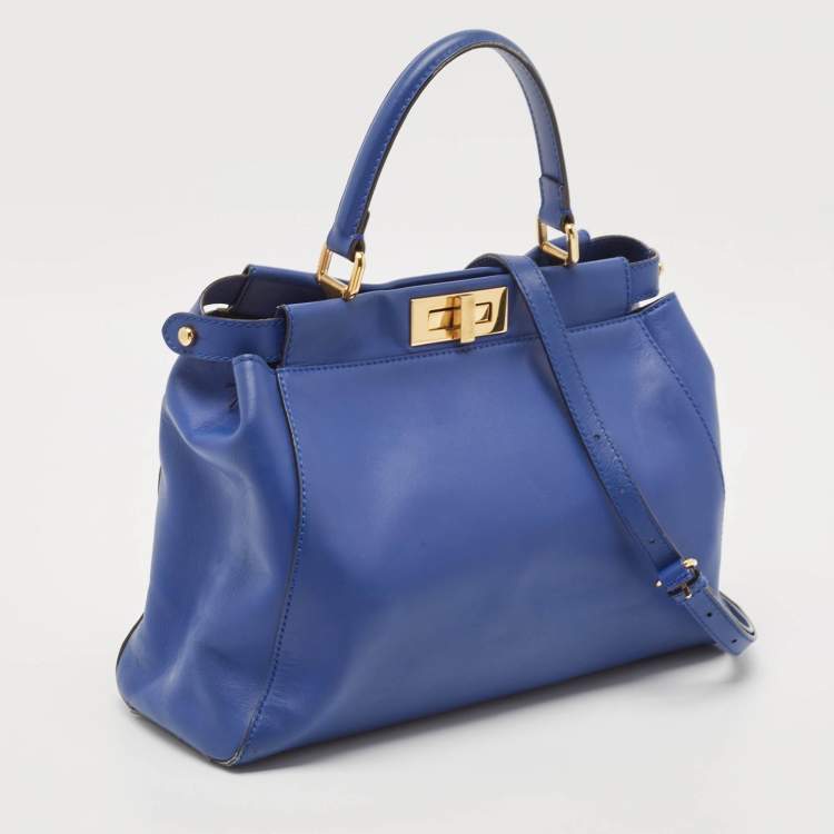 Pre Owned Fendi Blue Leather Regular Peekaboo Top Handle Bag