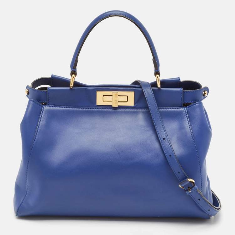Pre Owned Fendi Blue Leather Regular Peekaboo Top Handle Bag