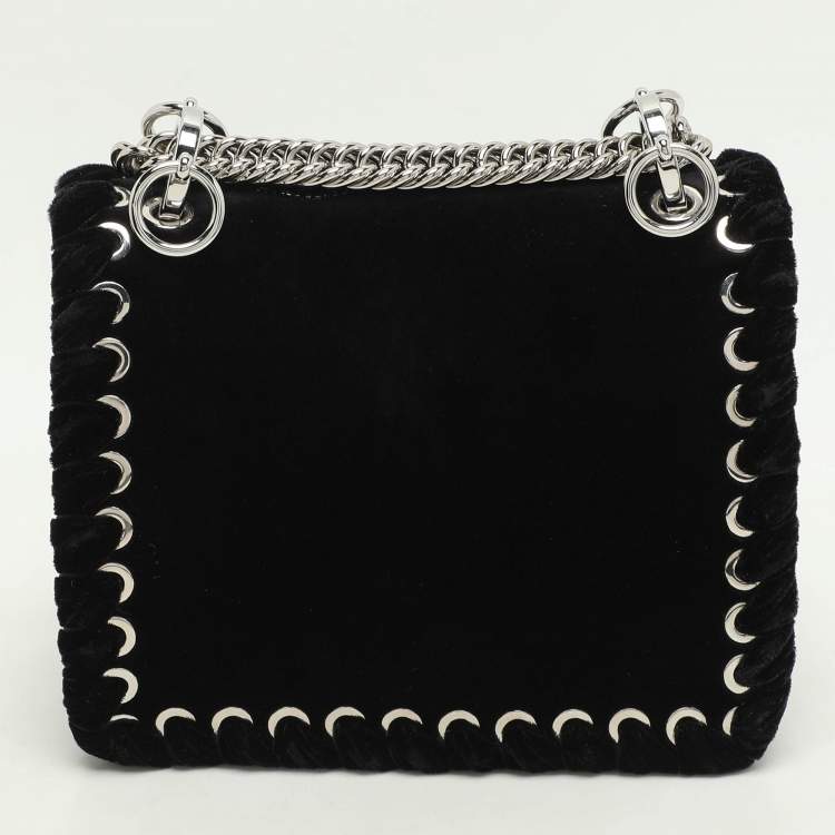 Pre Owned Fendi Black Velvet and Leather Small Kan I Logo Embellished Top Handle Bag