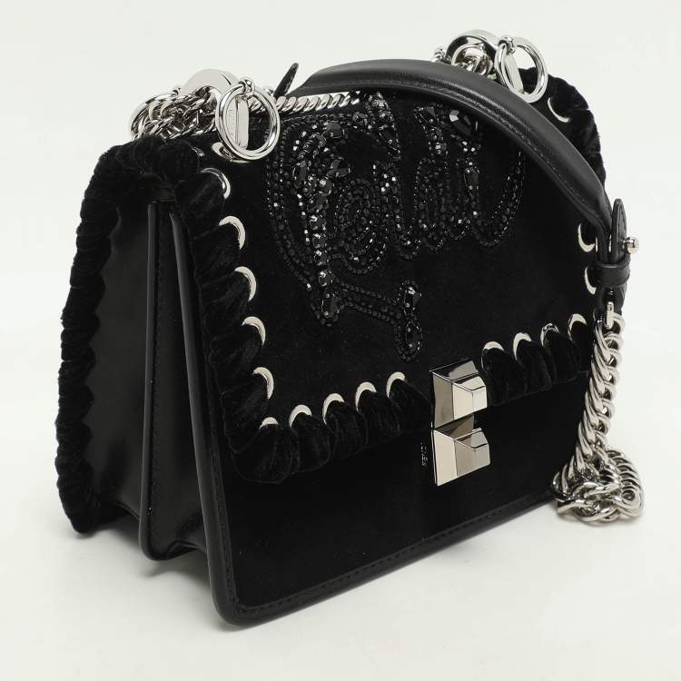 Pre Owned Fendi Black Velvet and Leather Small Kan I Logo Embellished Top Handle Bag