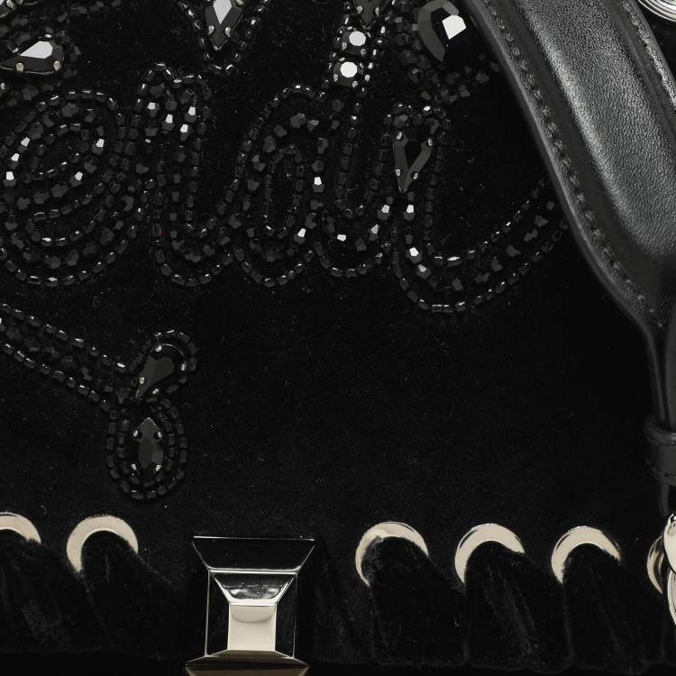 Pre Owned Fendi Black Velvet and Leather Small Kan I Logo Embellished Top Handle Bag