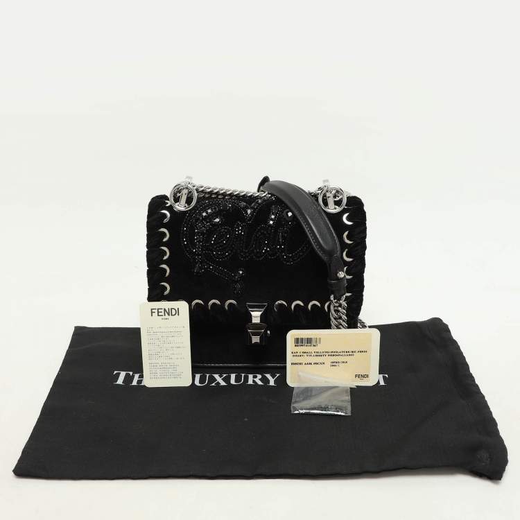 Pre Owned Fendi Black Velvet and Leather Small Kan I Logo Embellished Top Handle Bag