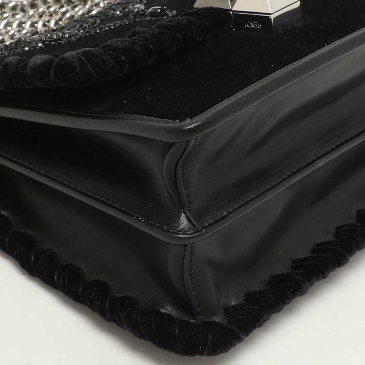 Pre Owned Fendi Black Velvet and Leather Small Kan I Logo Embellished Top Handle Bag