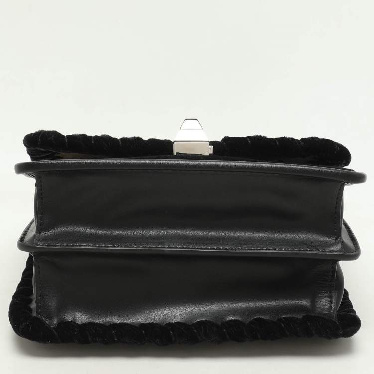 Pre Owned Fendi Black Velvet and Leather Small Kan I Logo Embellished Top Handle Bag