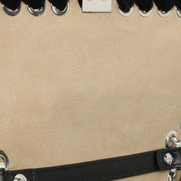 Pre Owned Fendi Black Velvet and Leather Small Kan I Logo Embellished Top Handle Bag