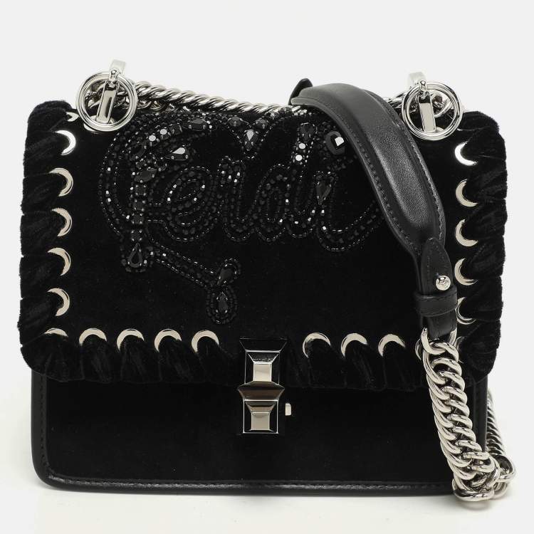 Pre Owned Fendi Black Velvet and Leather Small Kan I Logo Embellished Top Handle Bag