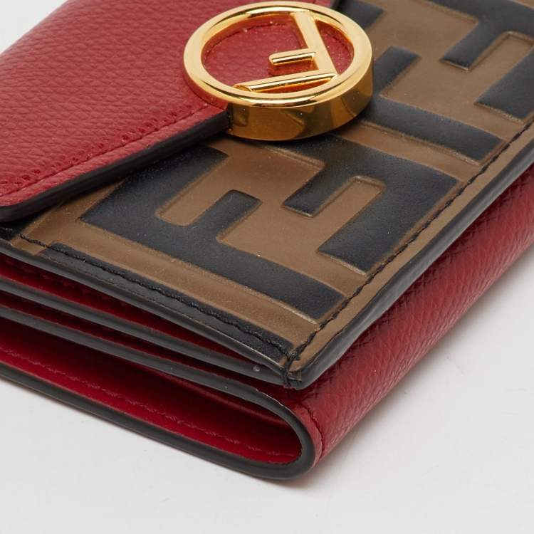 Pre Owned Fendi Brown/Red Zucca Leather F is Fendi Trifold Wallet