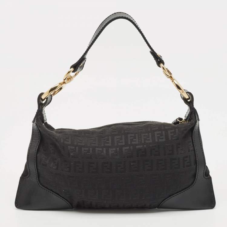 Pre Owned Fendi Black Zucchino Fabric and Leather Small Chef Pocket Shoulder Bag