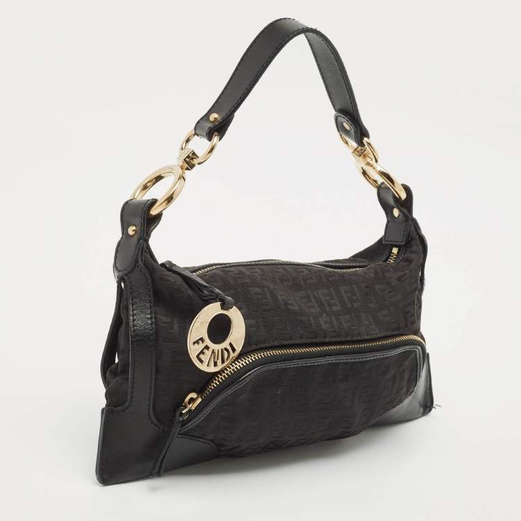 Pre Owned Fendi Black Zucchino Fabric and Leather Small Chef Pocket Shoulder Bag