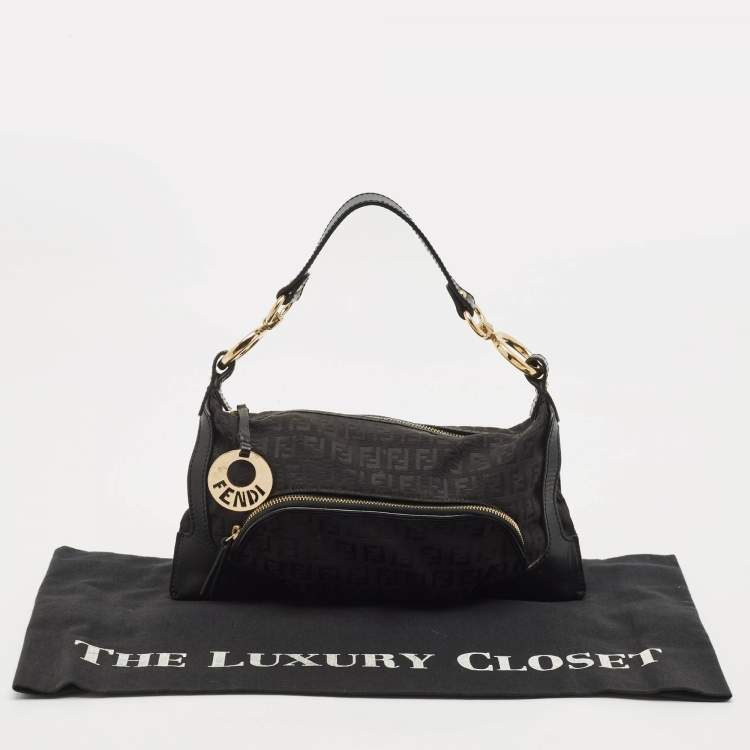 Pre Owned Fendi Black Zucchino Fabric and Leather Small Chef Pocket Shoulder Bag