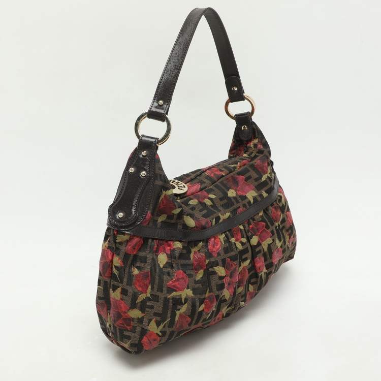 Pre Owned Fendi Brown Zucca Floral Print Canvas and Leather Chef Shoulder Bag