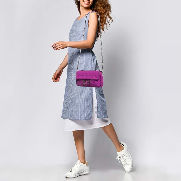 Pre Owned Fendi Fuchsia Zucca Embossed Fabric Midi Baguette Flap Bag