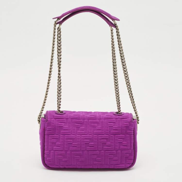 Pre Owned Fendi Fuchsia Zucca Embossed Fabric Midi Baguette Flap Bag