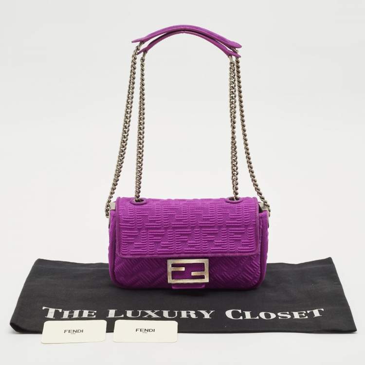 Pre Owned Fendi Fuchsia Zucca Embossed Fabric Midi Baguette Flap Bag
