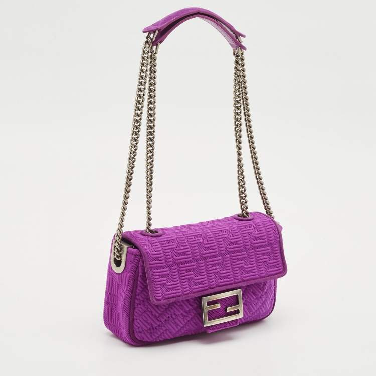 Pre Owned Fendi Fuchsia Zucca Embossed Fabric Midi Baguette Flap Bag