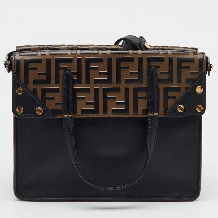 Pre Owned Fendi Black/Brown Zucca Embossed Leather Grace Flip Convertible Tote