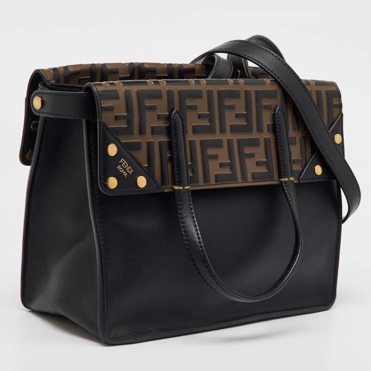Pre Owned Fendi Black/Brown Zucca Embossed Leather Grace Flip Convertible Tote