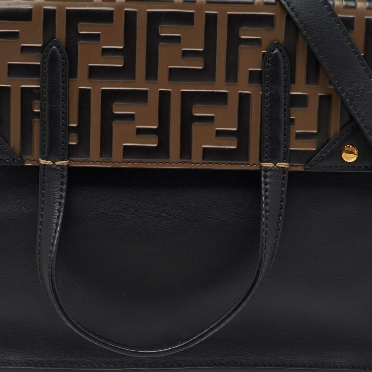 Pre Owned Fendi Black/Brown Zucca Embossed Leather Grace Flip Convertible Tote