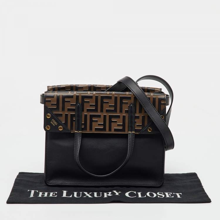 Pre Owned Fendi Black/Brown Zucca Embossed Leather Grace Flip Convertible Tote