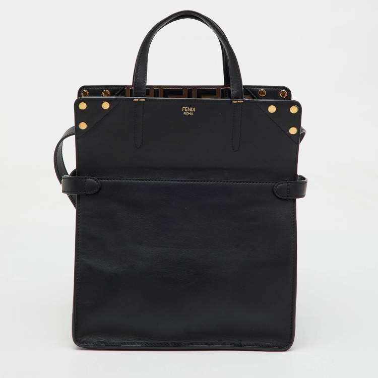 Pre Owned Fendi Black/Brown Zucca Embossed Leather Grace Flip Convertible Tote