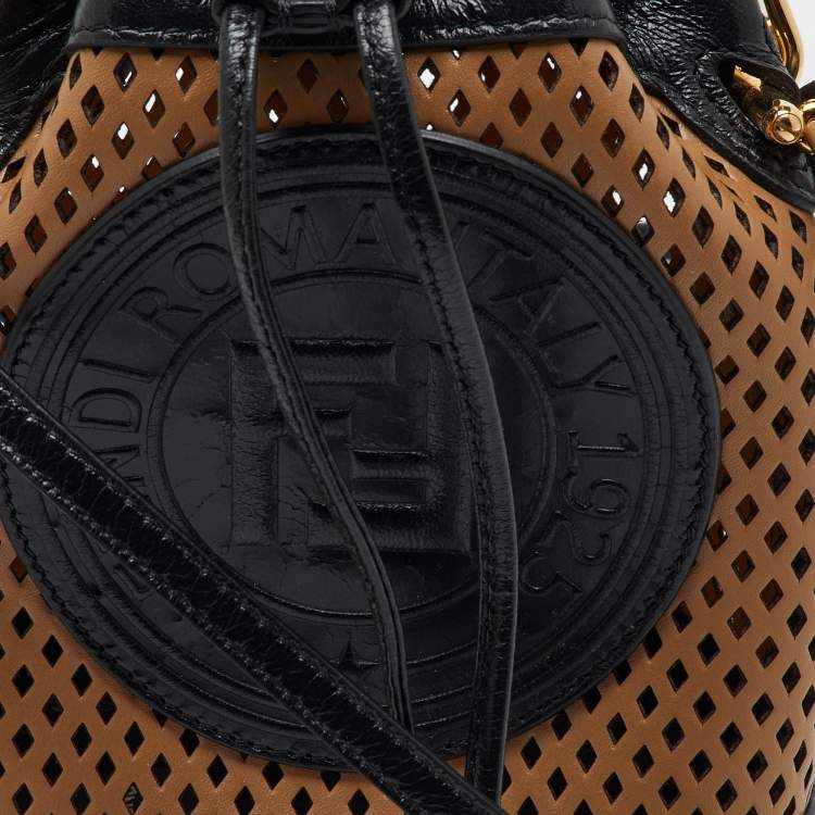 Pre Owned Fendi Black/Tan Perforated Leather Mini Mon Tresor Bucket Bag