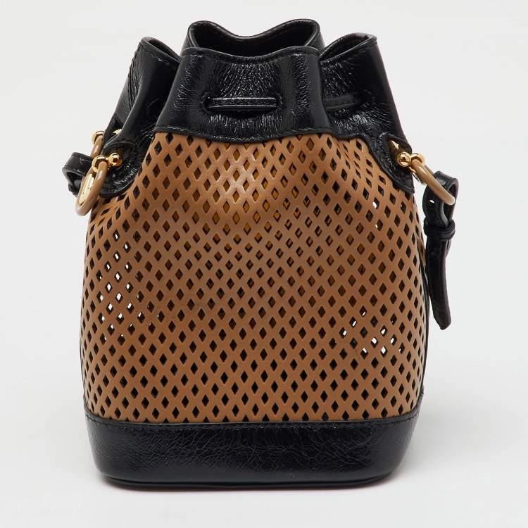 Pre Owned Fendi Black/Tan Perforated Leather Mini Mon Tresor Bucket Bag