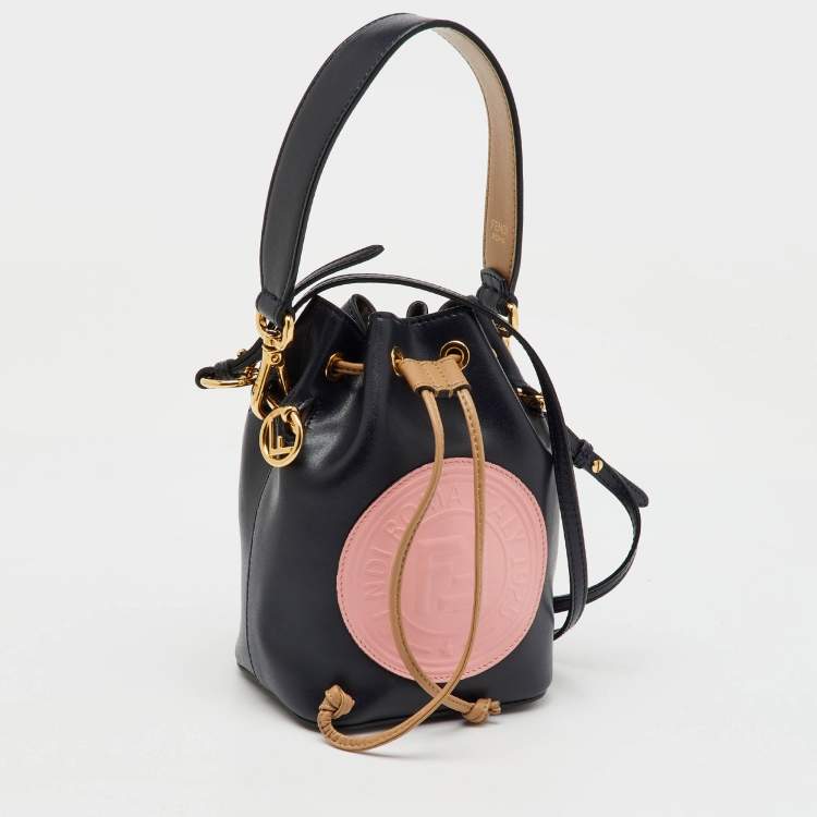 Pre Owned Fendi Navy Blue/Pink Leather Mini Mon Tresor Drawstring Bucket Bag