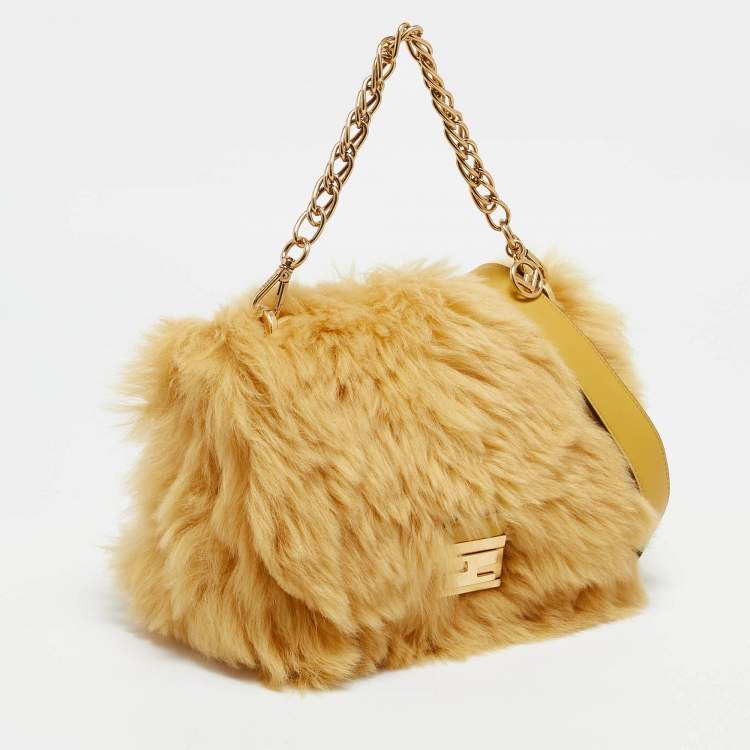 Pre Owned Fendi Yellow Fur Kan U Top Handle Bag