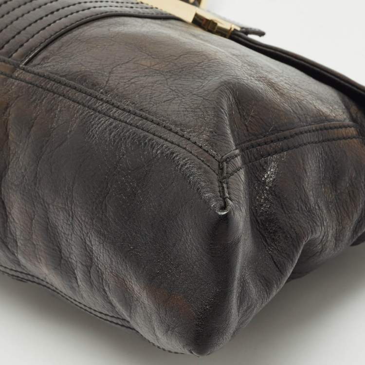 Pre Owned Fendi Black Leather Maxi Baguette Flap Shoulder Bag